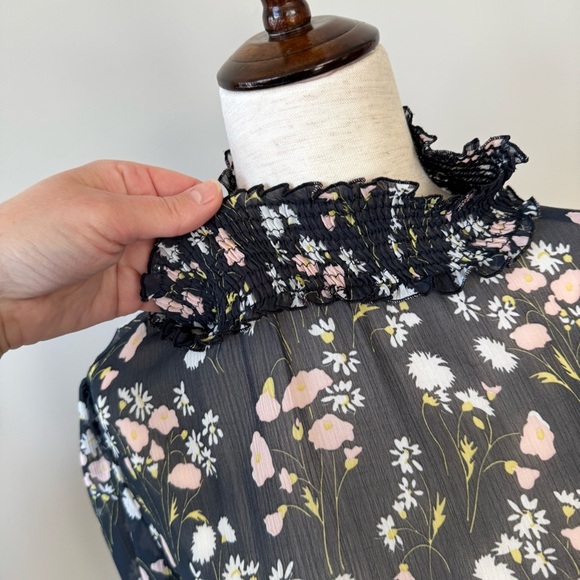 Zara Basics Sheer Floral Ruffle Neck Blouse - Smock Waist and Cuffs - Picture 3 of 9